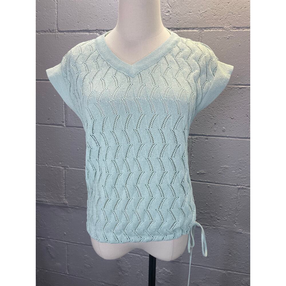 Vintage 1970s Mint Green Knit Tunic Sleeveless Sweater Drawstring Waist Med